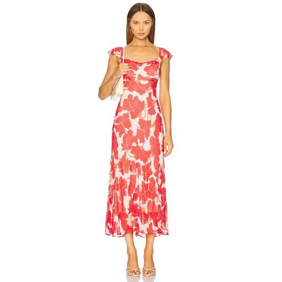 Rails Marigold Floral Flutter Sleeve Midi Dress in Scarlet Hibiscus M - Picture 1 of 6